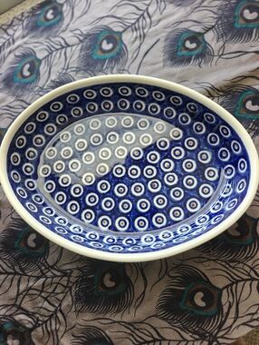 Boleslawiec Polish Pottery Peacock Eye Oval Casserole Baking Dish 12x9" EUC blue